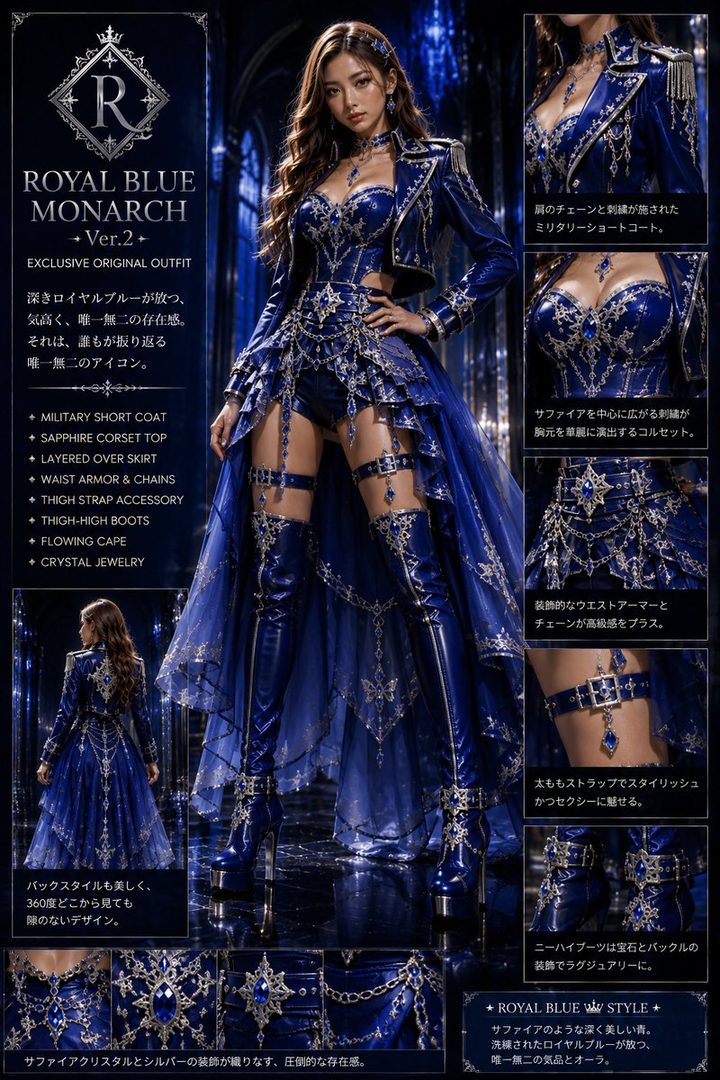 Elegant woman modeling an elaborate royal blue military corset coat with layered skirt, thigh-high boots, and crystal jewelry in a dramatic dark hall.