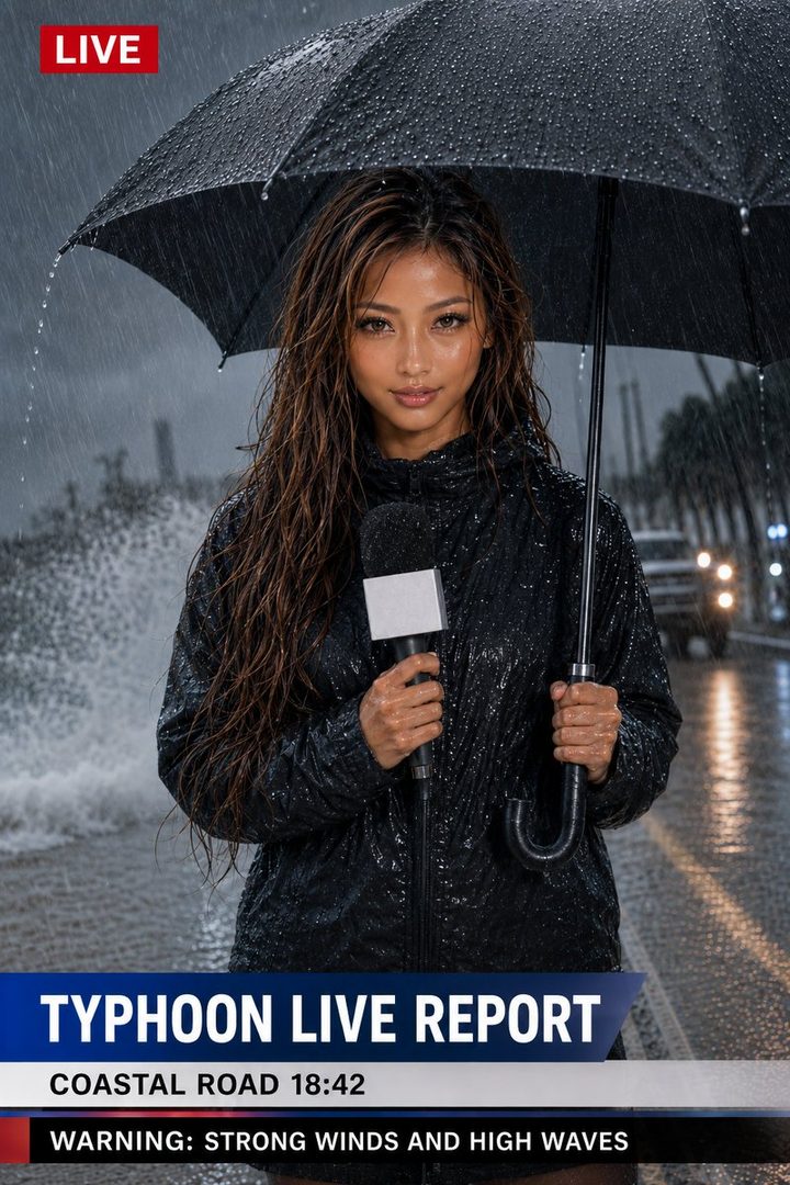 A young East Asian woman with long wet brown hair holding a microphone and black umbrella while reporting live on a rainy typhoon night street.