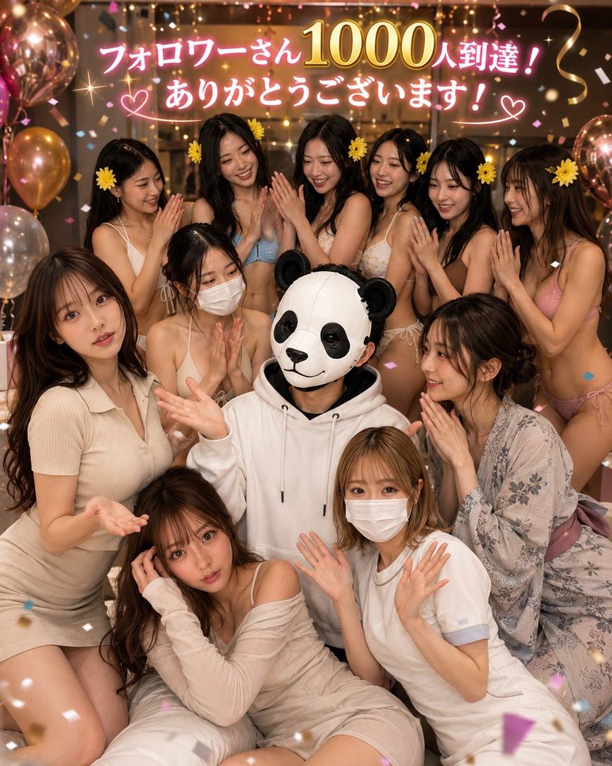 A festive group portrait of young women in lingerie and casual wear surrounding a person in a panda mask, celebrating 1000 followers with balloons and confetti.