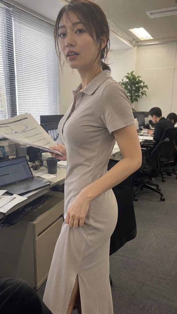 A young East Asian woman in a fitted beige polo dress posing confidently in a modern office while holding documents.