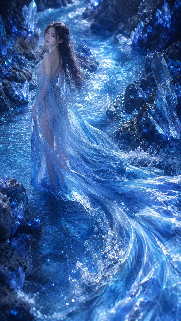 A woman with long dark hair in a sheer blue dress stands in a crystal blue river, looking back over her shoulder.
