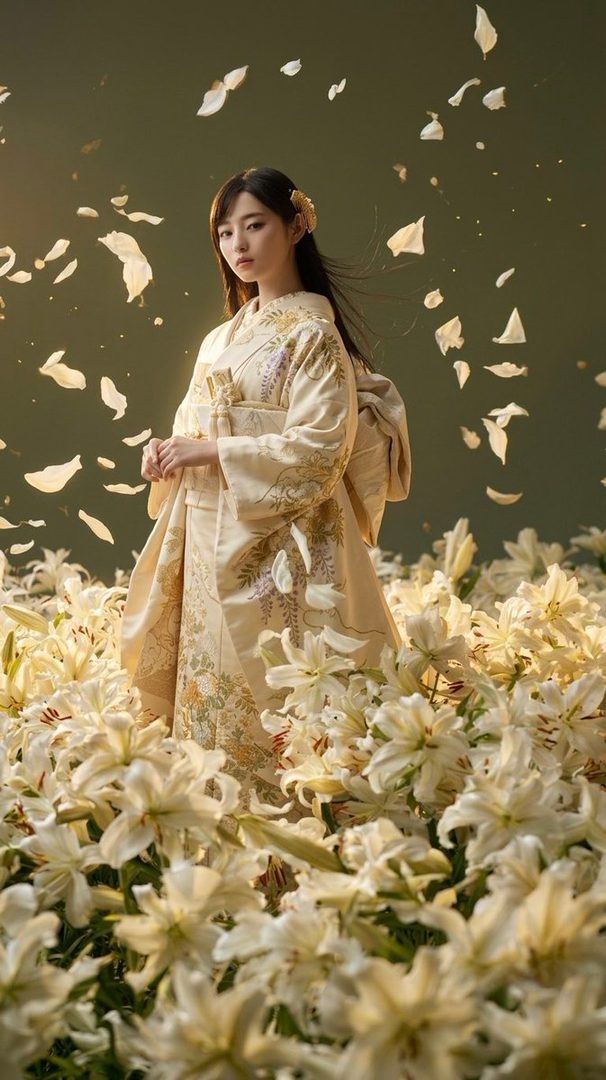 A woman in a cream kimono stands in a field of white lilies with petals falling around her.