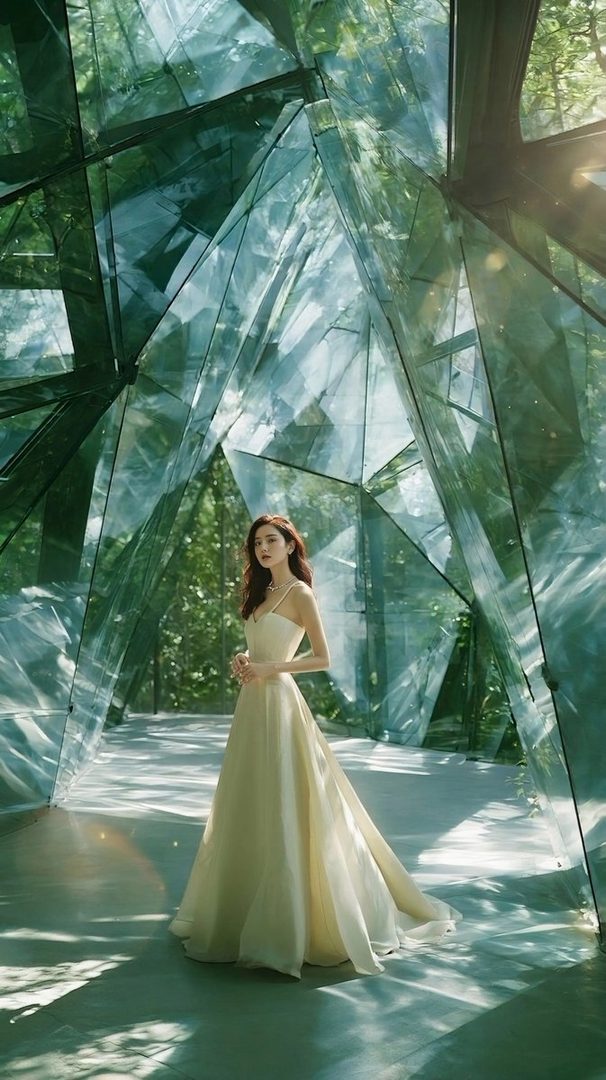 A woman in a cream elegant gown stands gracefully within a modern glass structure, with lush green trees visible through the transparent panels, creating a serene and ethereal atmosphere.