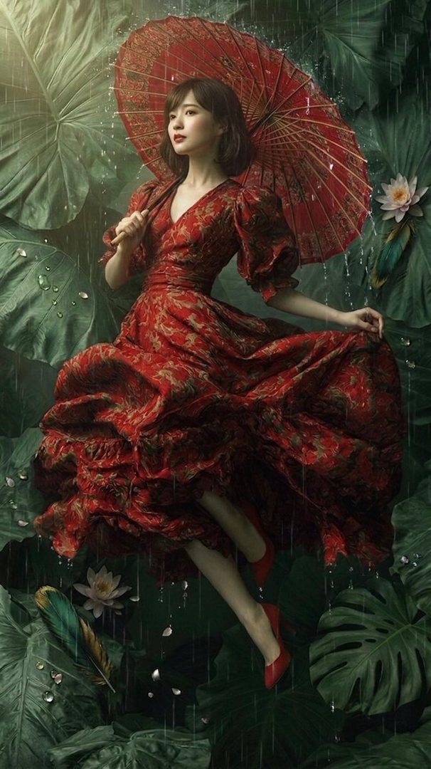 A woman in a red patterned dress holds a red parasol amidst large green leaves and falling rain, with white flowers and feathers in the scene.