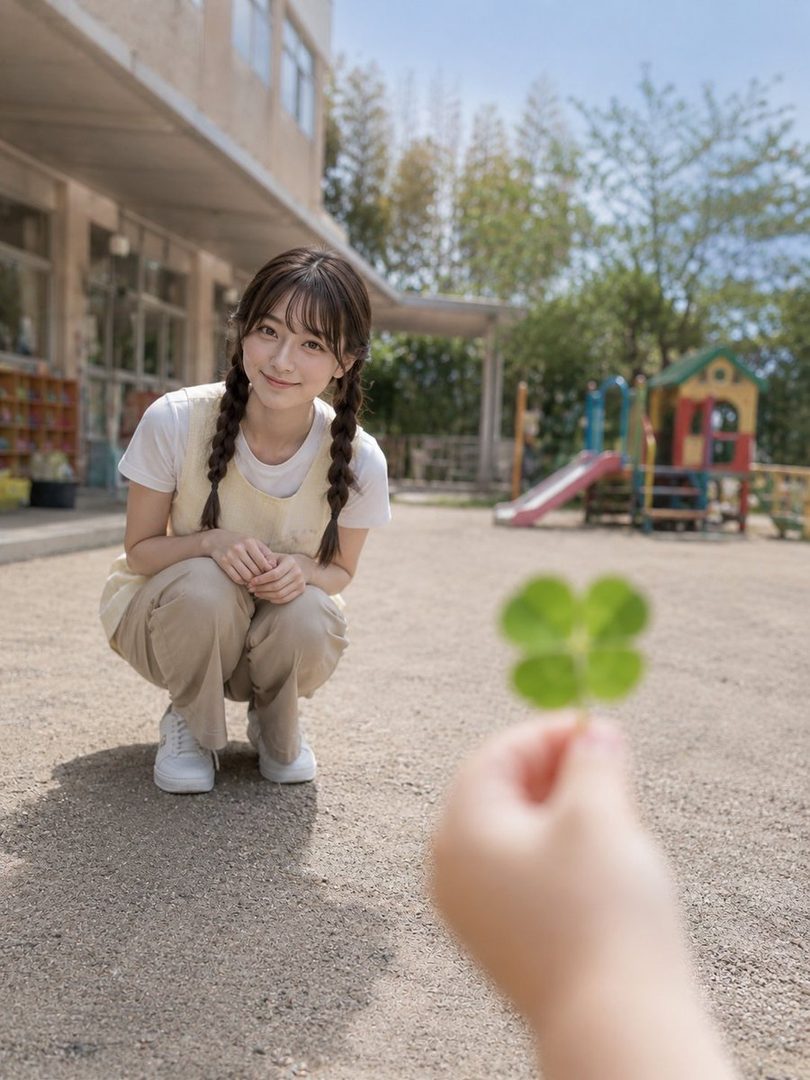 Young woman with brown braids squatting outdoors in a sunny playground, smiling gently as a hand offers a four-leaf clover in the foreground.