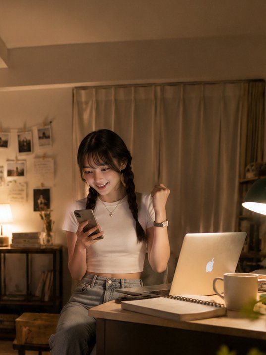 Young woman with dark braided hair smiling excitedly at her phone while seated at a desk with a laptop in a cozy indoor room.