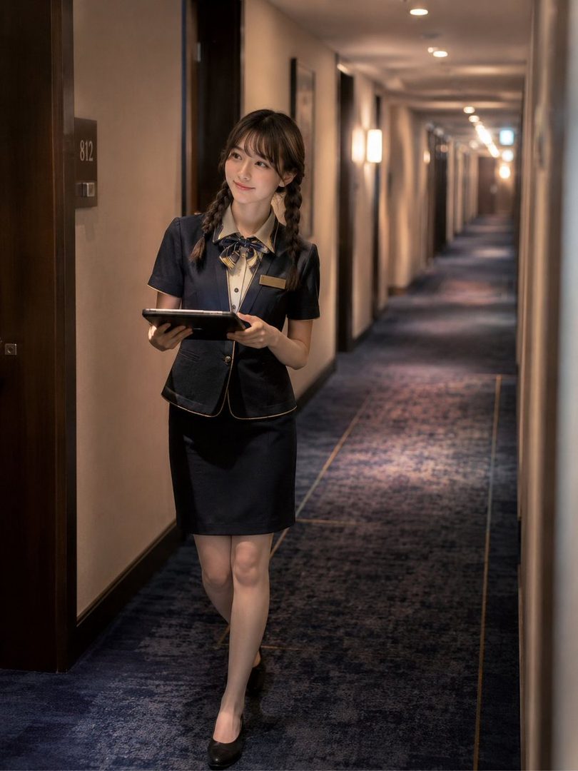 Young woman in a dark blue hotel uniform with braids holding a tablet while standing in a long carpeted hallway.