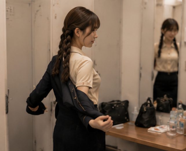 Young woman with long brown braid in beige blouse and dark uniform standing in a locker room looking toward mirror reflection.