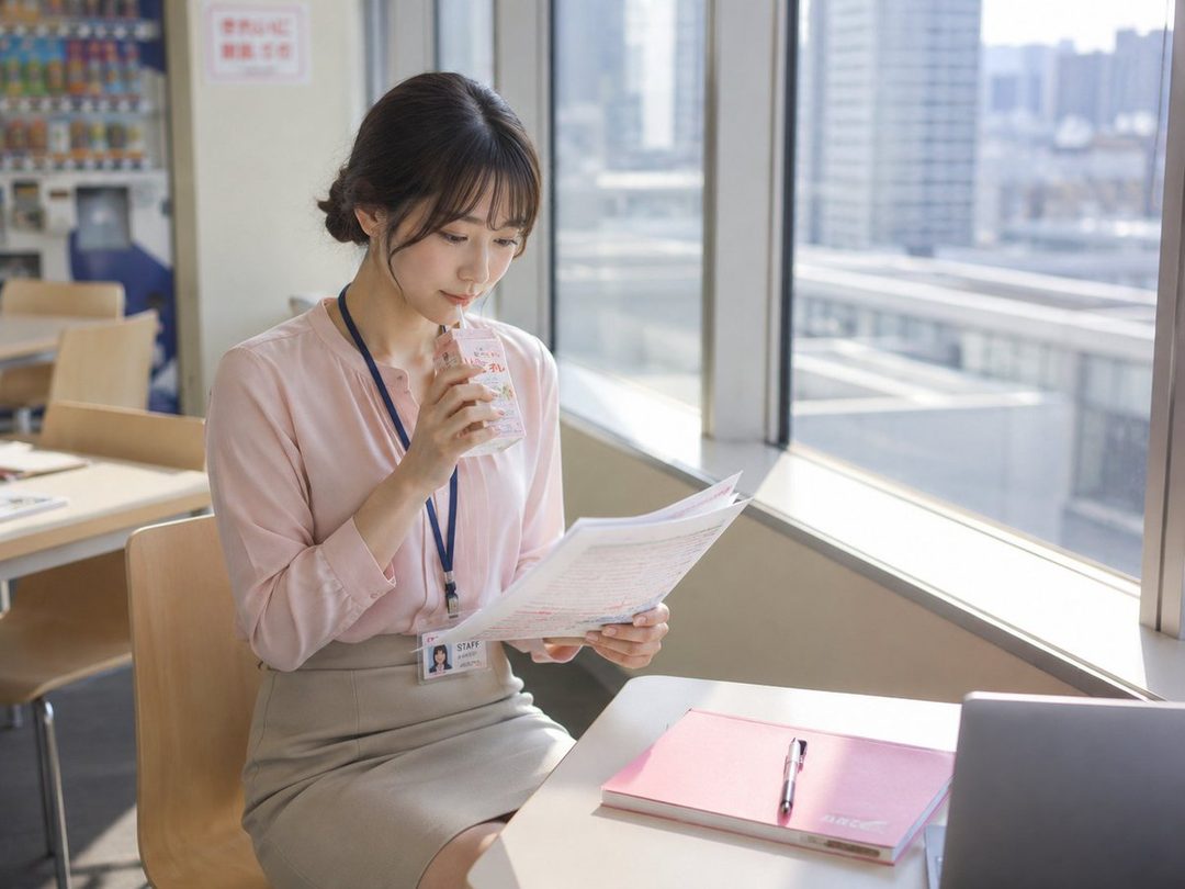 A young Japanese woman in a pink blouse and beige skirt sits in a bright office, reviewing documents while holding a drink.