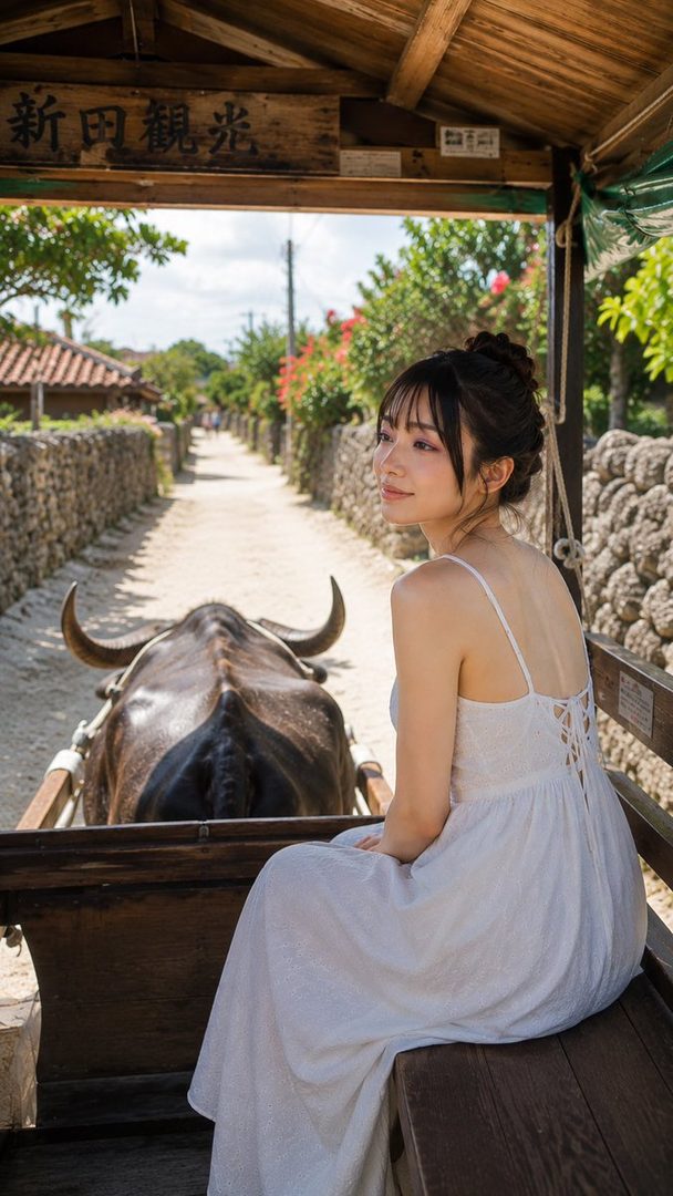 A young woman in a white sundress rides in a water buffalo cart down a rural road, looking to the side with a serene expression.