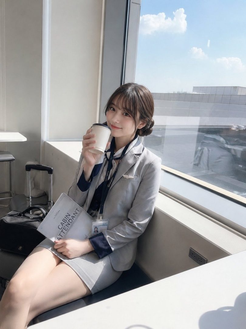 Young Japanese woman in a gray cabin attendant uniform sitting by a sunny airport window, holding a coffee cup and smiling gently.