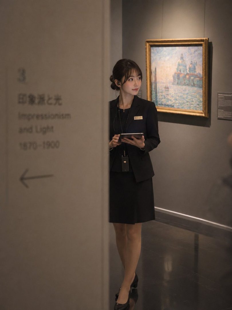Young East Asian woman in a black business suit holding a tablet while standing in an art museum gallery beside an Impressionism exhibition sign.