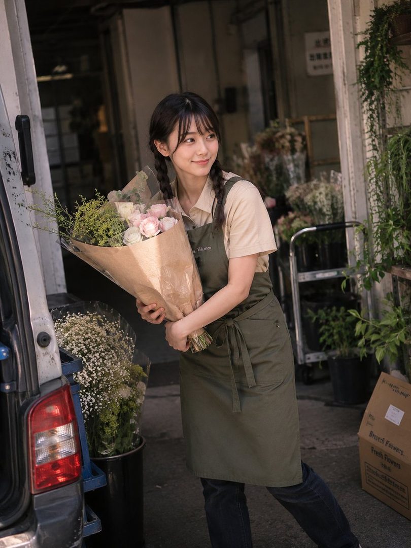 Young woman with braided black hair holding a large bouquet of pink and white flowers outside a flower shop.