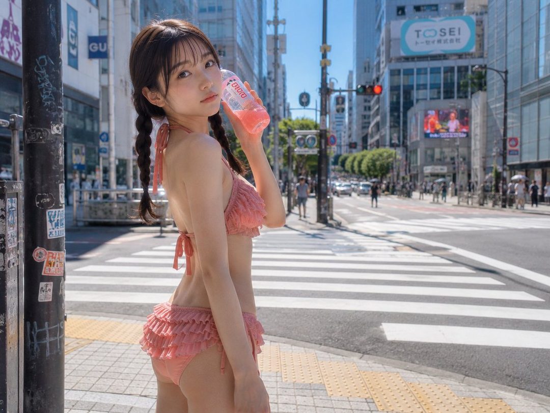Young woman in a pink ruffled bikini posing on a sunny Tokyo crosswalk while sipping a drink.