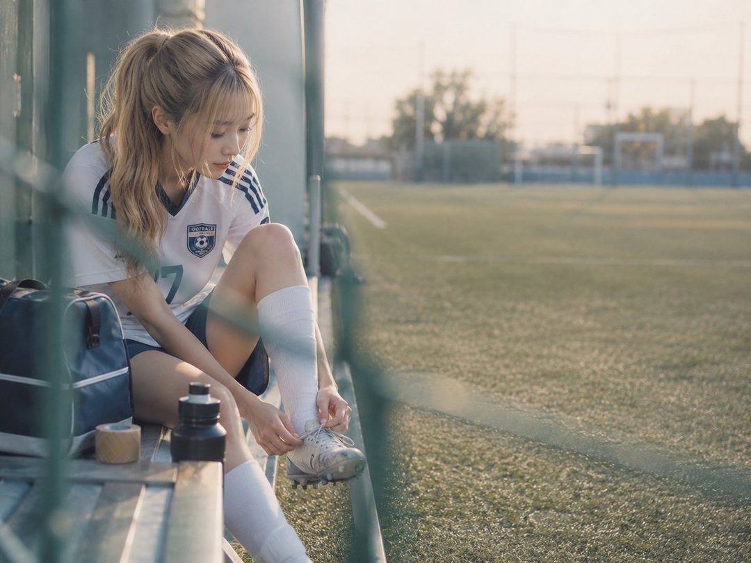 A young woman in a soccer uniform sits on a bench at a golden-hour field, adjusting her cleats.