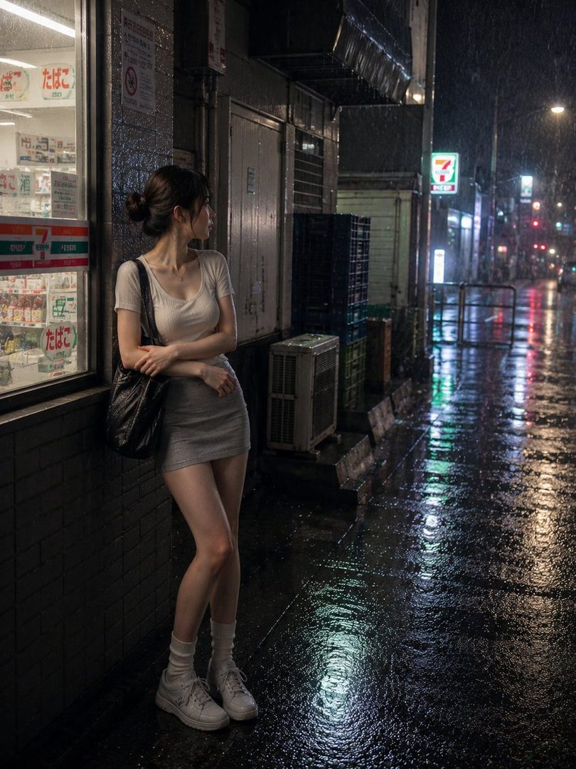 Young woman in a short dress leaning against a convenience store on a rainy night street with wet reflective pavement.