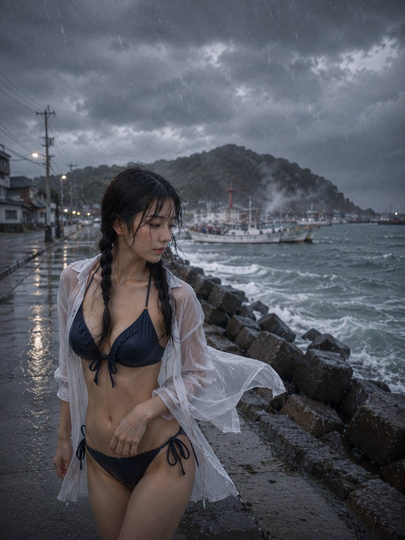 A young East Asian woman in a black bikini and sheer white shirt standing in the rain on a rocky seaside promenade.