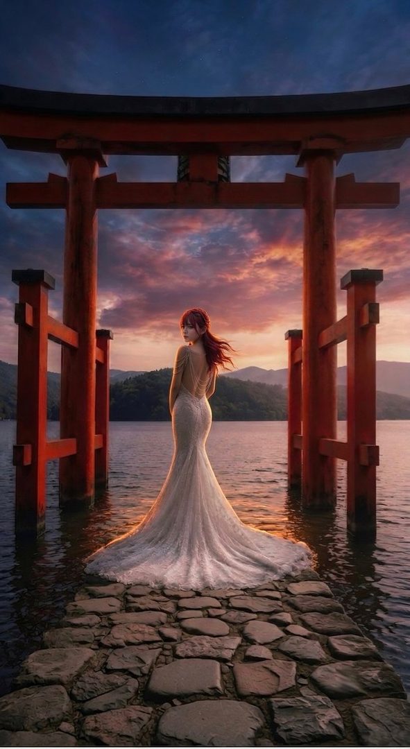A woman with long red hair in a white wedding dress stands on a stone path leading into a lake, framed by a red torii gate at sunset.