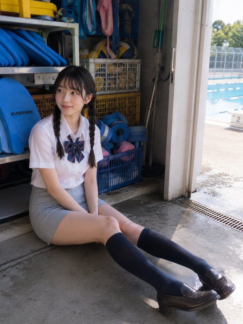 Young woman in school uniform with braided hair sitting in a pool equipment storage area near an outdoor swimming pool.