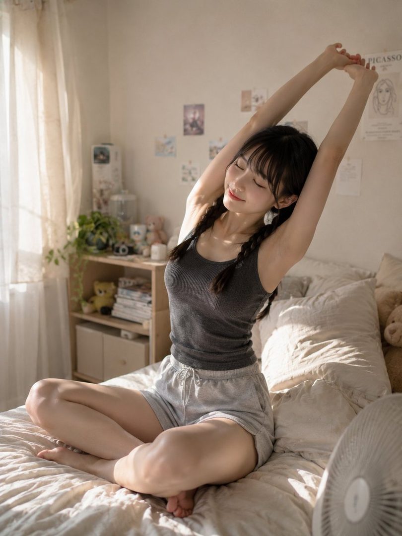 Young woman with black braids stretching peacefully on a bed in a sunlit bedroom.