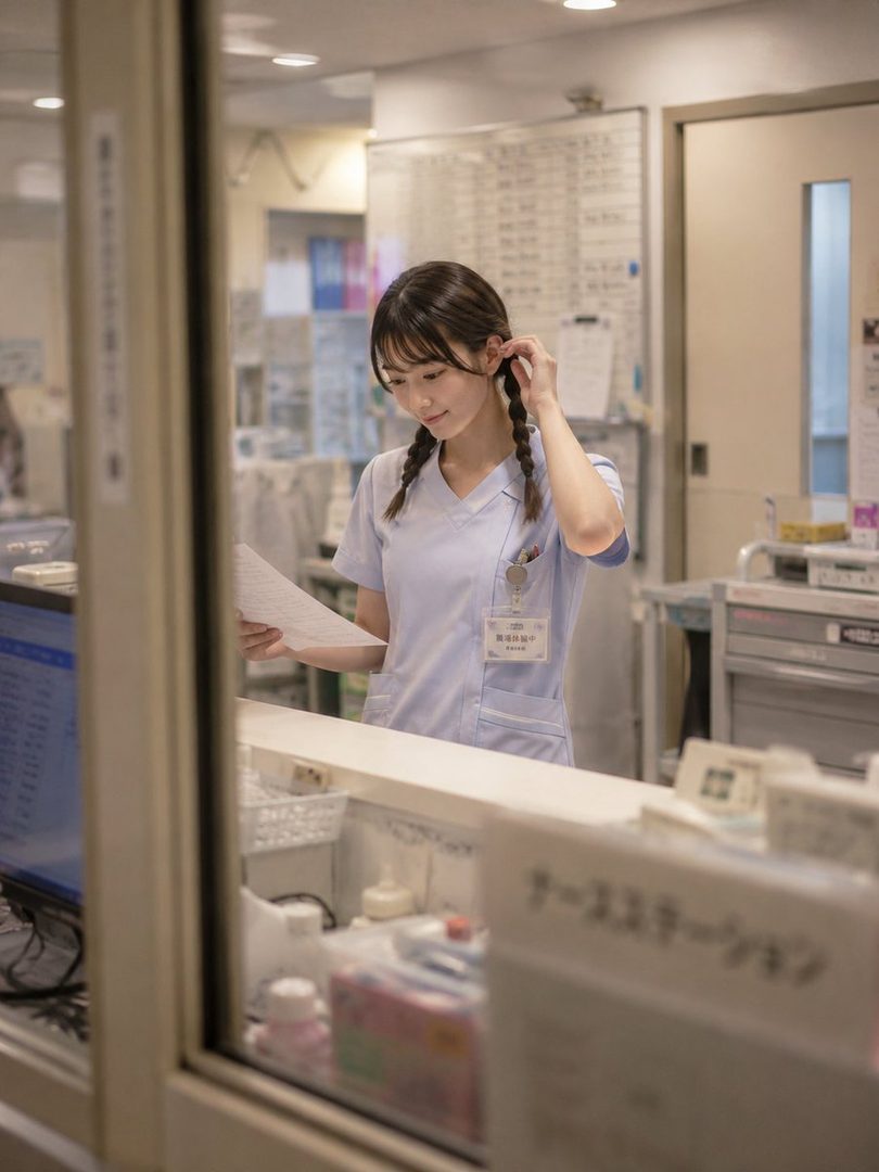 Young nurse in light blue scrubs reading a document inside a medical office.