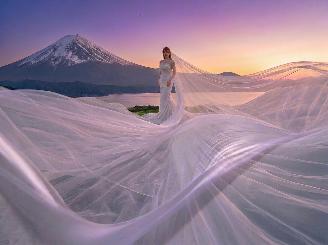 A woman in a flowing white wedding dress stands before Mount Fuji and a lake at sunset, with a long veil draped across the foreground.