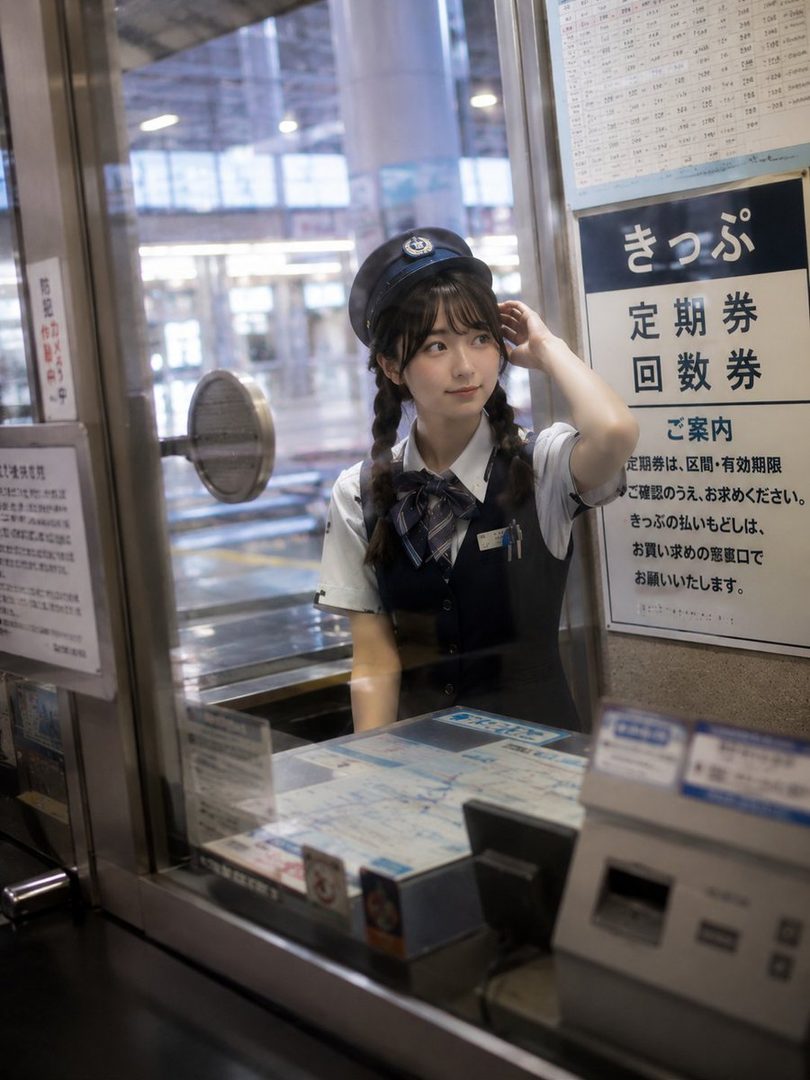 Young Japanese woman in station attendant uniform with braids posing at a ticket gate in a train station.