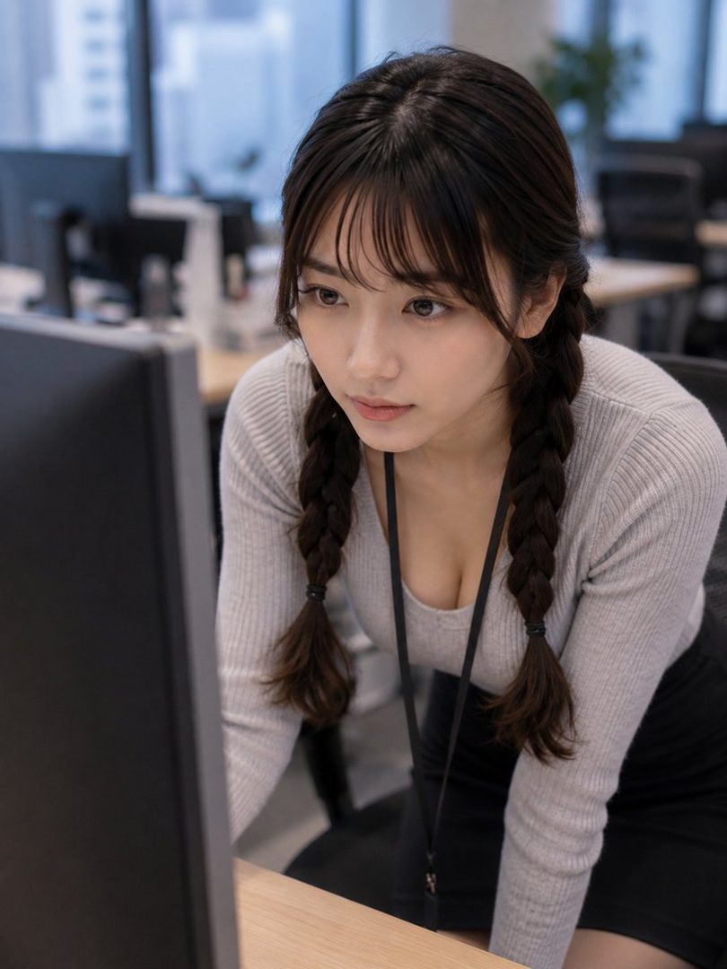 Young East Asian woman with long dark braids leaning forward at an office desk, focused on her computer monitor in a bright modern workspace.
