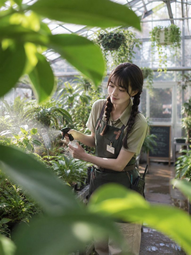Young woman with braided brown hair misting plants inside a bright greenhouse wearing a work apron.