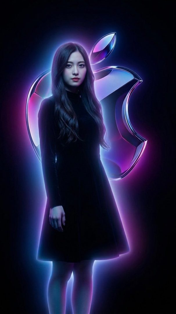 A woman with long dark hair wearing a black dress stands in front of a glowing Apple logo, illuminated by purple and blue neon light.