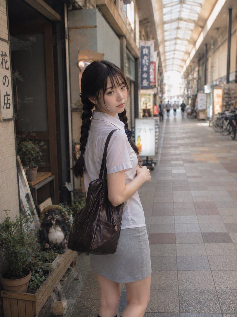Young Japanese woman with long braided hair in a white blouse and gray skirt, standing in a covered shopping arcade and looking back over her shoulder.