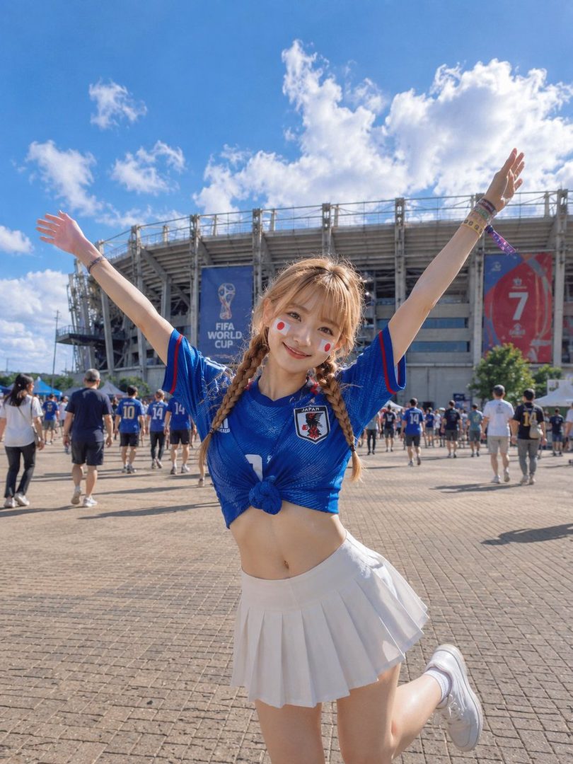 Young woman in Japan national team soccer jersey posing with arms raised outside a FIFA World Cup stadium.