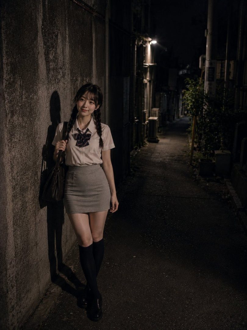 Young Japanese woman in school uniform with braided hair posing in a narrow nighttime alley.