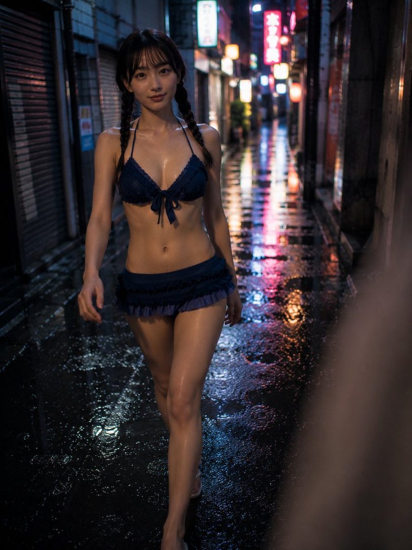 Young woman in dark blue bikini walking on a wet neon-lit alley street at night.