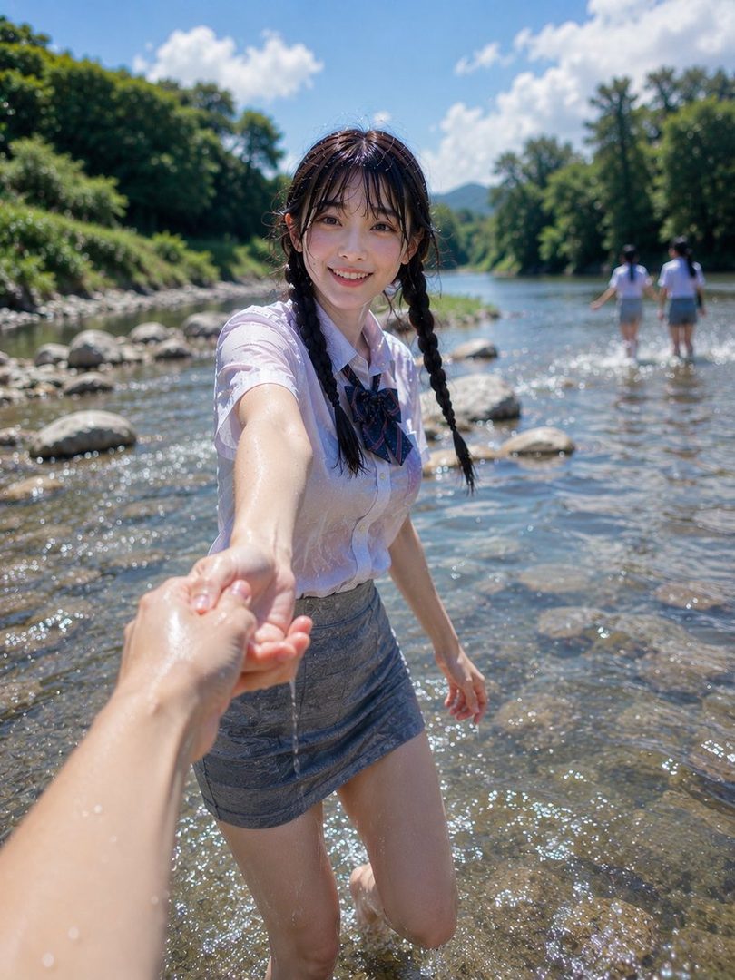Young woman in wet school uniform smiling while holding hands in a sunny river with friends in the background.