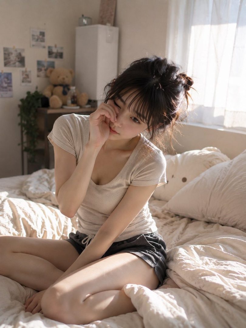 Young woman with dark messy hair in a casual t-shirt sitting on a sunlit bed in a cozy bedroom.