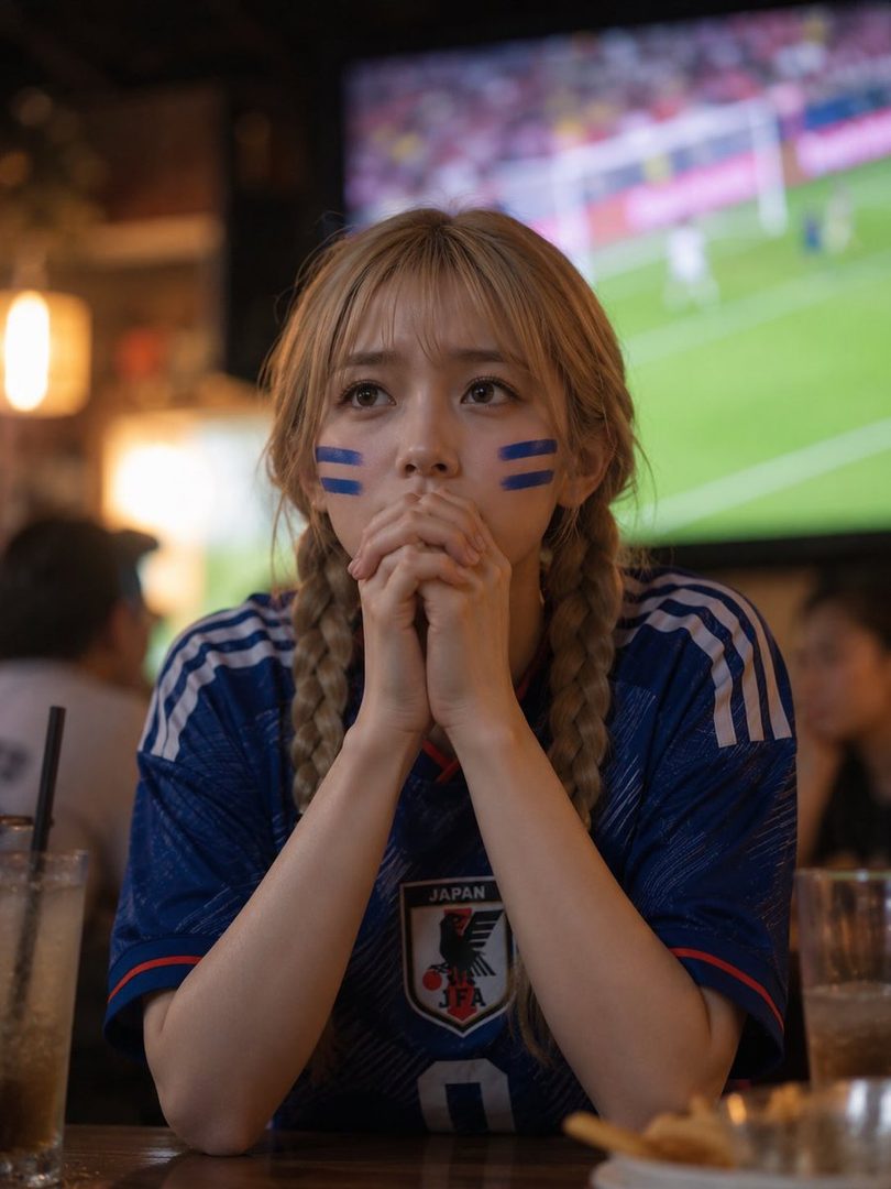 Young blonde woman with braided hair and blue face paint wearing a Japan national soccer jersey, sitting in a bar watching a match on TV.