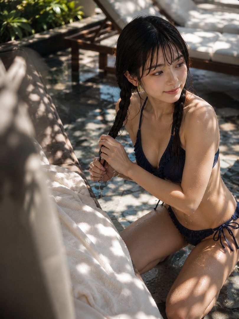 Young East Asian woman with wet black braided hair wearing a dark blue bikini, kneeling by a sunny poolside with water droplets on her skin.