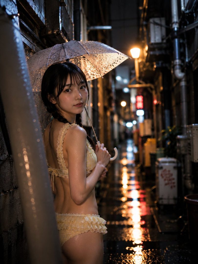 Young woman in a wet yellow lace bikini holding a transparent umbrella while posing in a rainy neon-lit alley at night.
