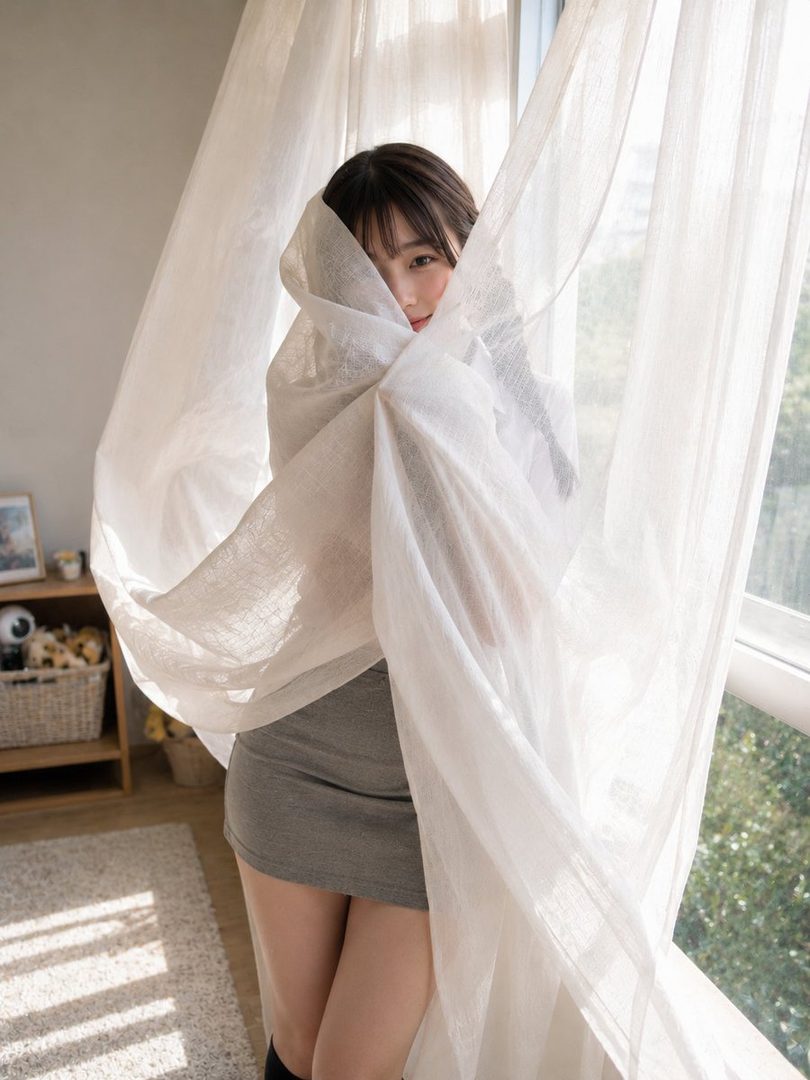 A young woman with brown hair playfully peeking from behind sheer white curtains in a sunlit indoor room.