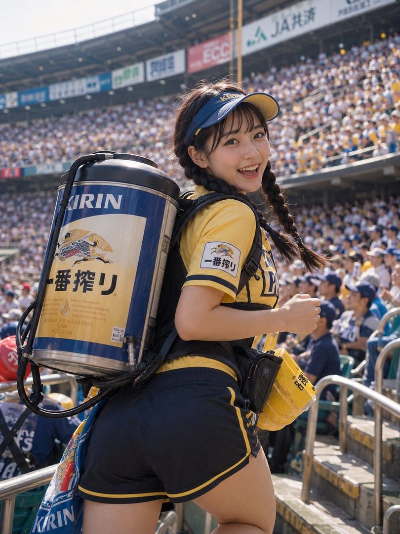Smiling young woman in a yellow and navy beer vendor uniform with a large Kirin keg backpack at a crowded baseball stadium.