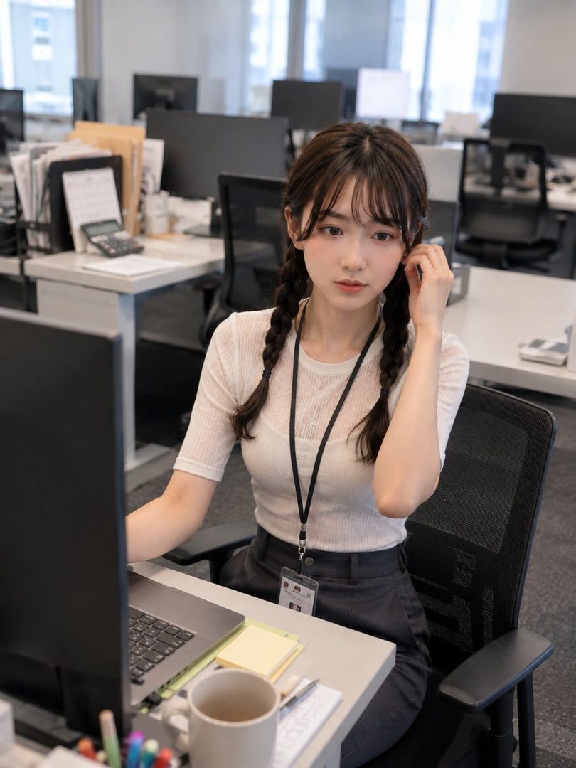 Young Japanese office lady with braided brown hair wearing a white knit top and lanyard, sitting at a desk in a modern office.