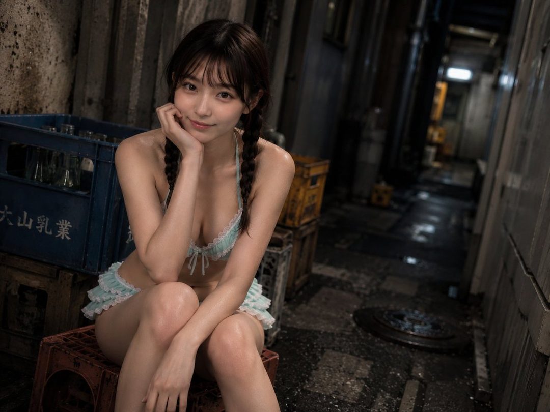 Young woman with braided brown hair wearing a light blue bikini sitting in a gritty industrial alleyway.