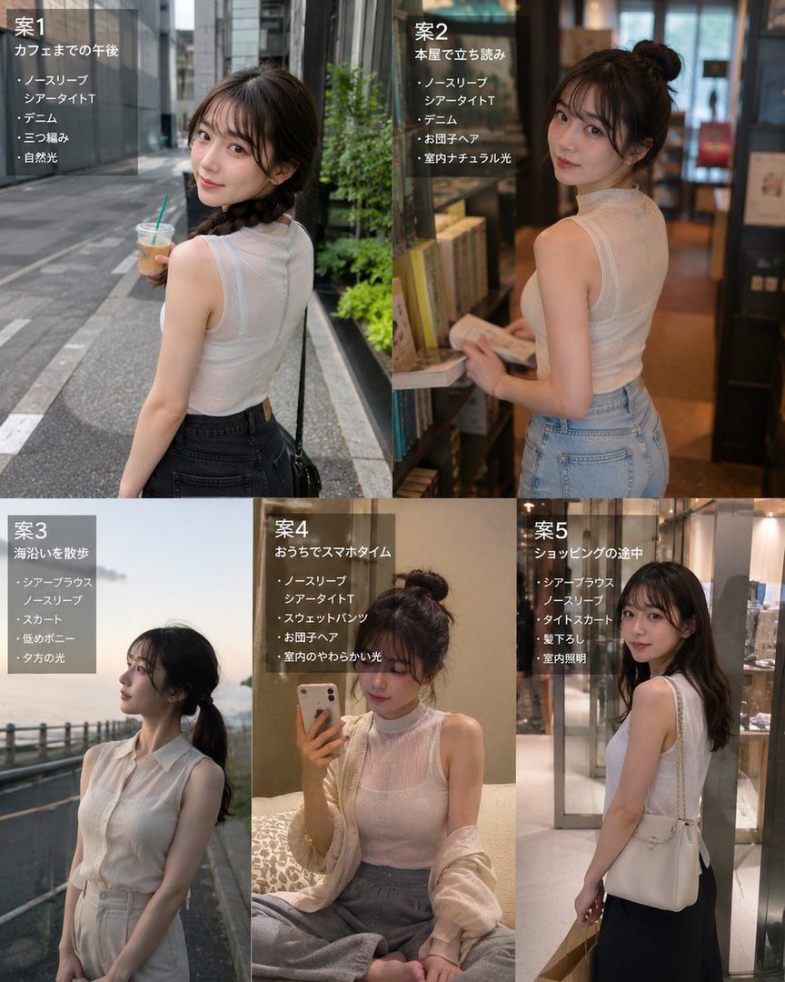 Collage of five AI-generated portraits showing the same young East Asian woman in different casual and semi-formal outfits for a date, including sleeveless tops, jeans, and skirts in various indoor and outdoor settings.
