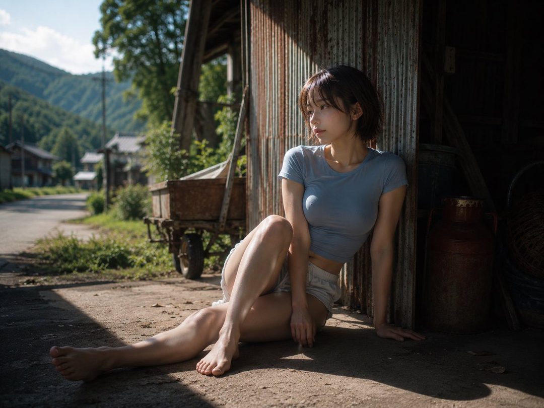 A young East Asian woman with short brown hair sitting barefoot on the ground against a rusty metal wall in a sunny rural village.