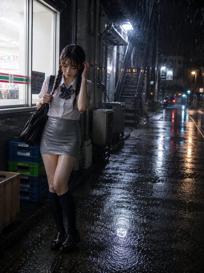 Young woman with braided hair in a white blouse and gray skirt standing on a rainy night street with wet pavement reflections.