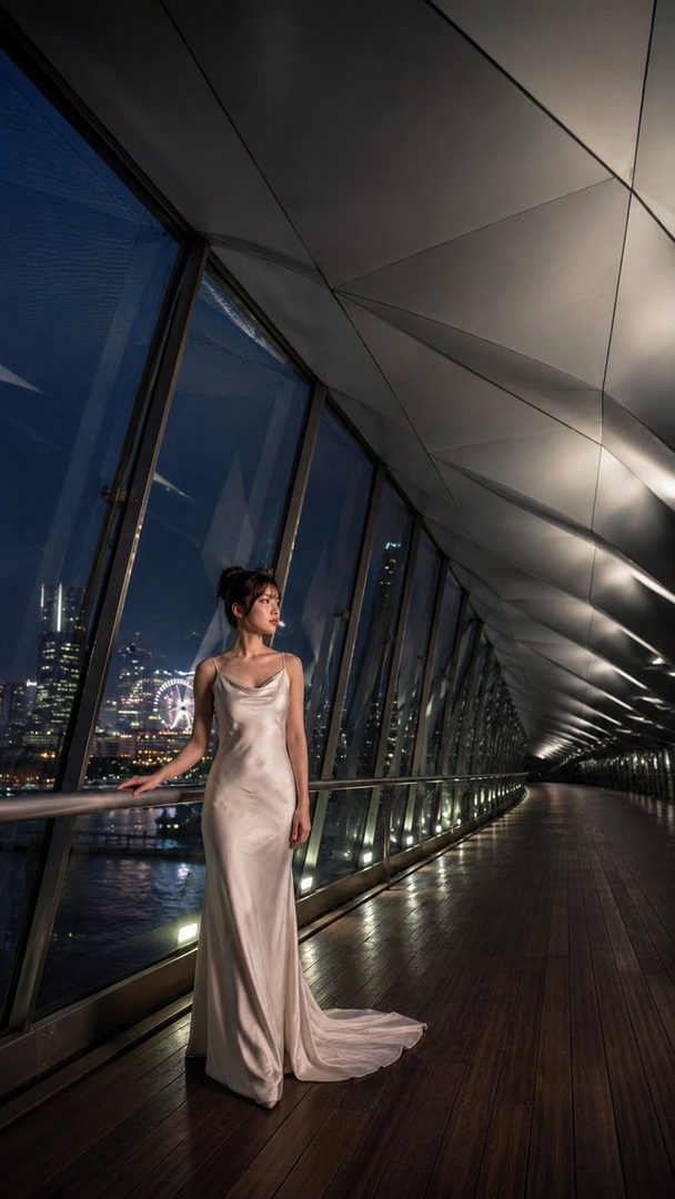 A woman in an elegant white satin slip dress stands on a modern bridge overlooking a city skyline at night.