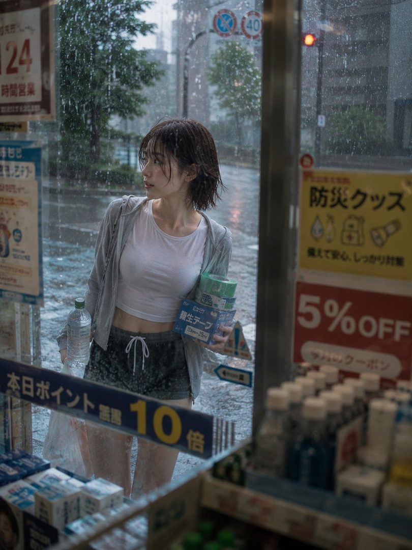Young woman with short brown hair stands inside a rainy urban storefront holding a water bottle and products, wearing a white crop top and gray hoodie.