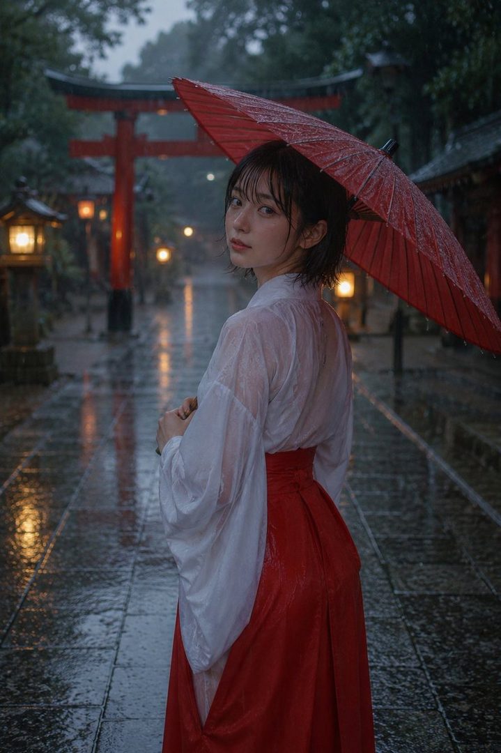 A young Japanese woman in a white and red miko outfit holding a red oil-paper umbrella stands in a rainy shrine pathway at dusk.