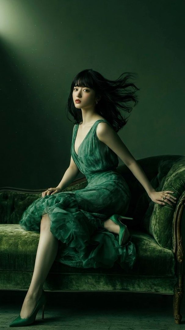 A woman with black hair and bangs sits elegantly on a green velvet couch, wearing a flowing green dress and matching heels, in a dimly lit, monochromatic green setting.